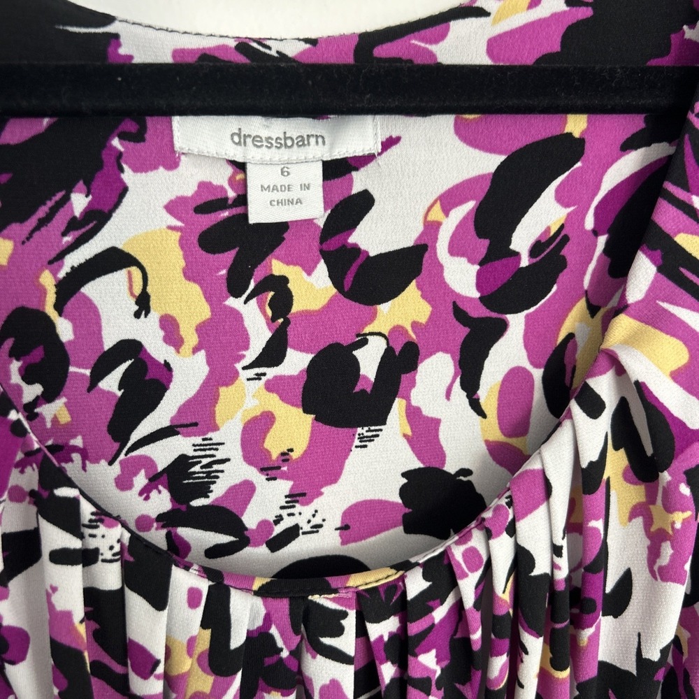 Dress Barn Sz 6 Short Sleeve Purple Black Floral Black Tie Back Flare Fun Dress - Picture 2 of 9